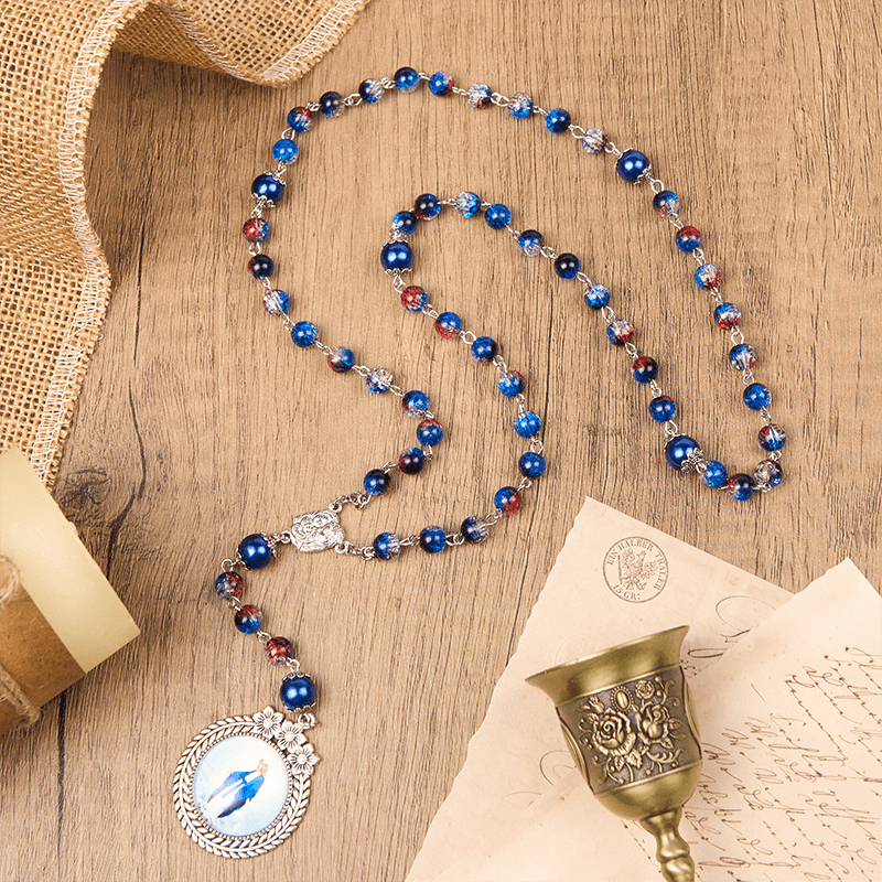 Miraculous Medal & Crucifix of 8mm Glass Beads Rosary—A Touch of Vintage Elegance