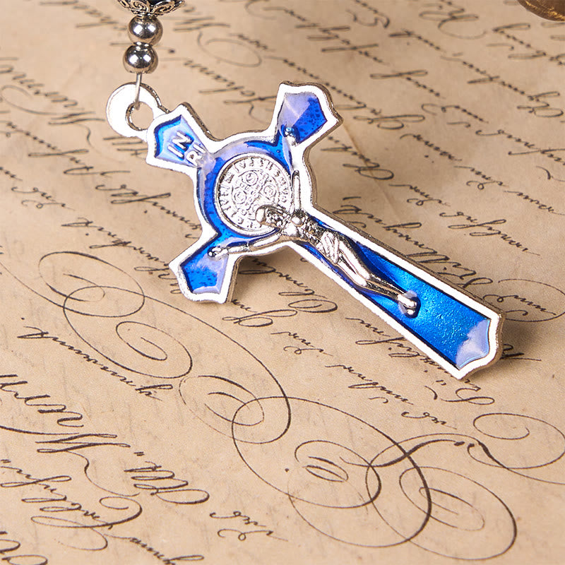 Virgin Mary & Blue Crucifix of 8mm Blue Gold Stone Beads Rosary
