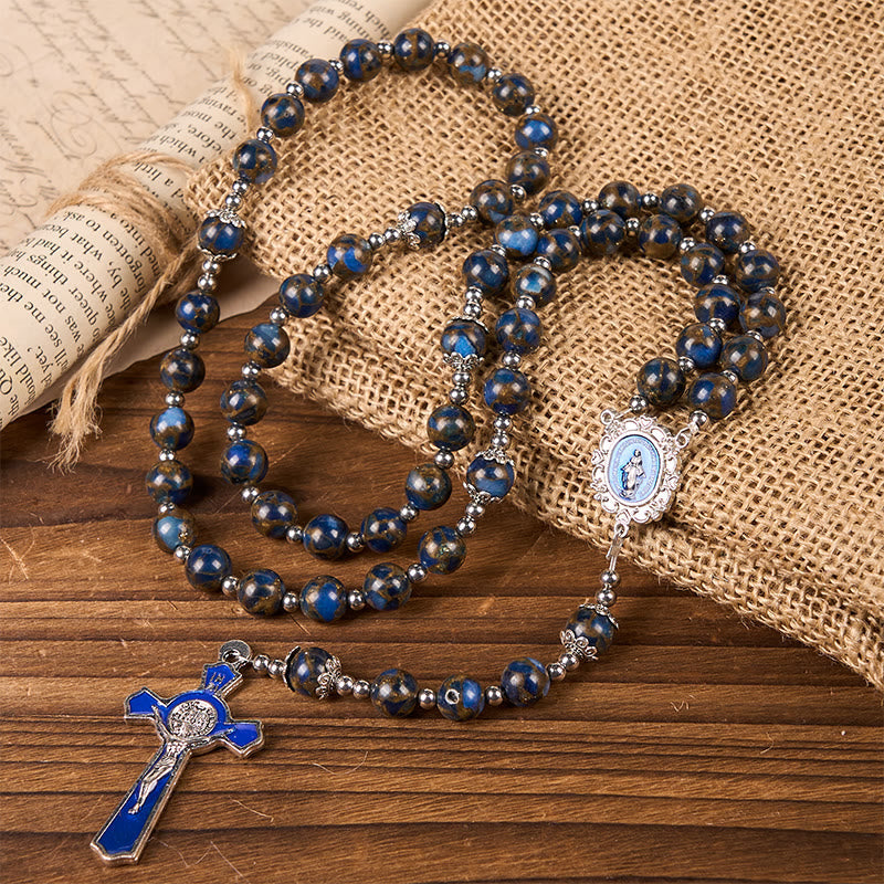 Virgin Mary & Blue Crucifix of 8mm Blue Gold Stone Beads Rosary