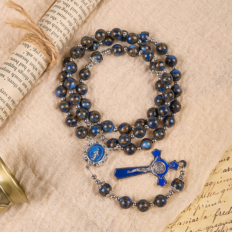 Virgin Mary & Blue Crucifix of 8mm Blue Gold Stone Beads Rosary