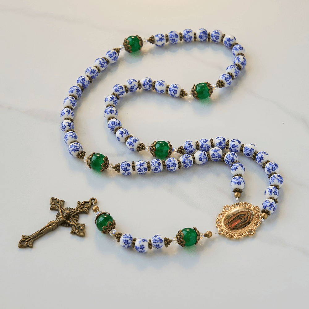 PRAYERFUL FAITH: Handmade Floral Rosary of 8mm Ceramics & Jade