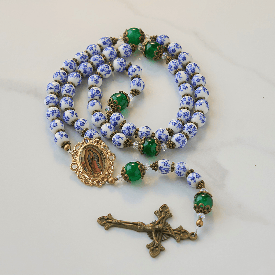 Divine Serenity Handmade Floral Rosary: Our Lady of Guadalupe & Crucifix of 8mm Ceramics&Jade