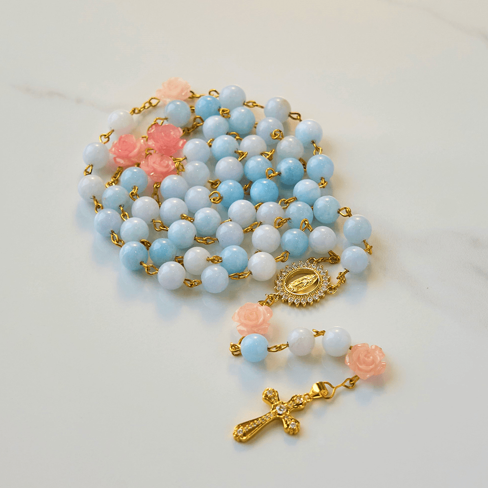 Our Lady of Guadalupe & Crucifix of 8mm Handmade Blue Aquamarine Chalcedony Beads Rosary
