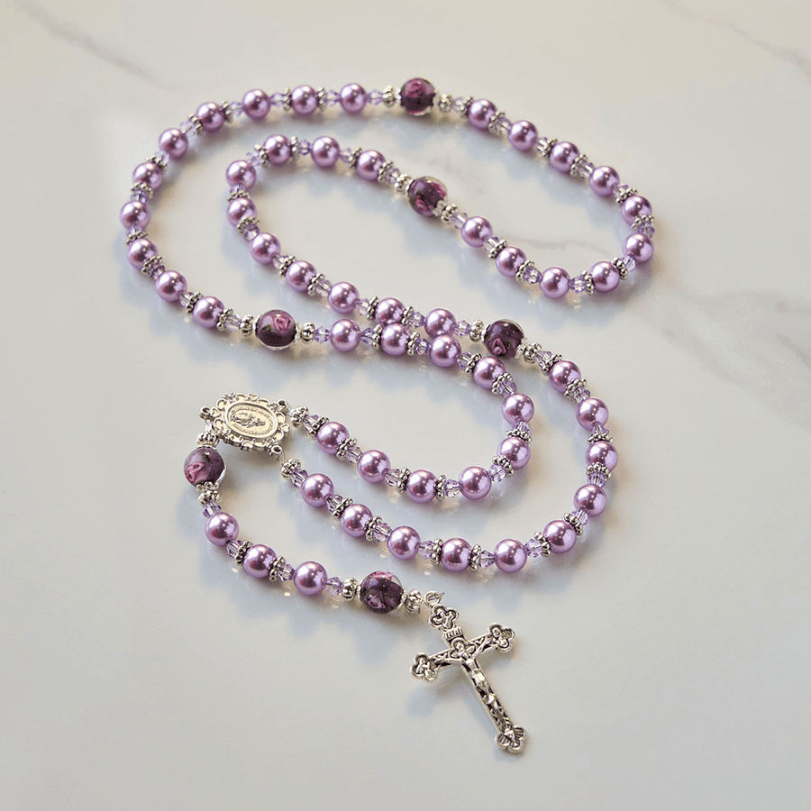 Miraculous Medal & Crucifix 8mm Purple Pearl & Crystal Handmade Rosary - Sacred Beads for Holy Prayer