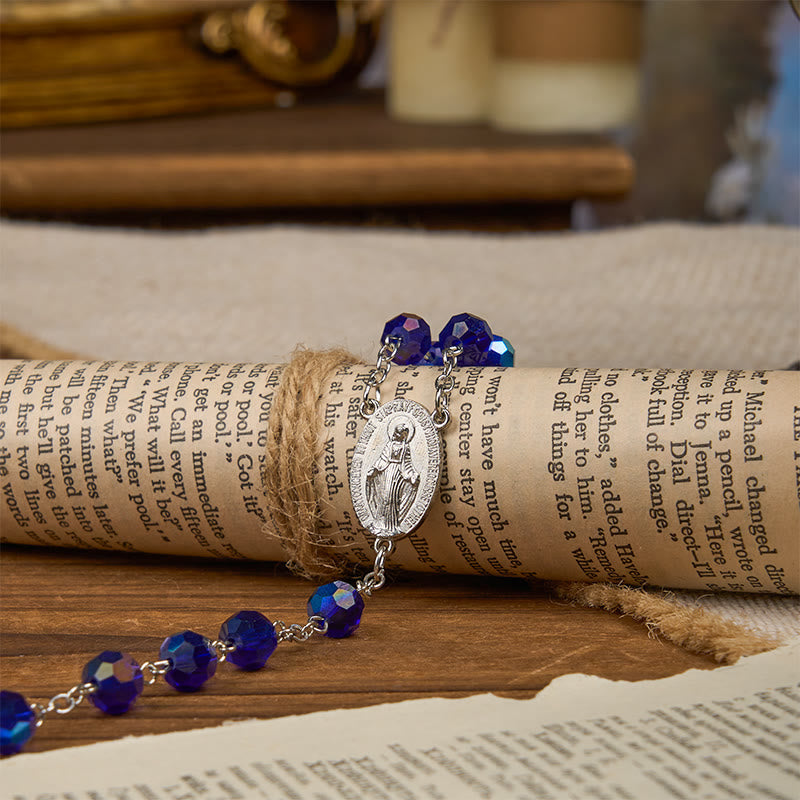Miraculous Medal & Crucifix of 8mm Blue Sparkle Glass Round Beads Rosary