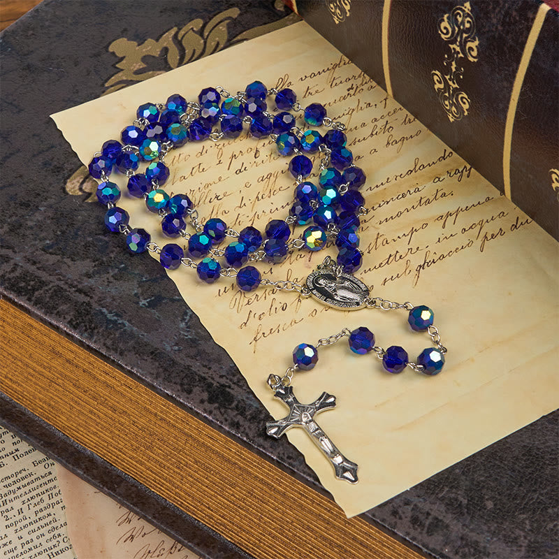Miraculous Medal & Crucifix of 8mm Blue Sparkle Glass Round Beads Rosary