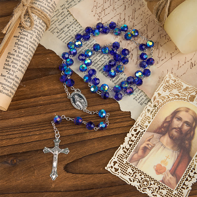 Miraculous Medal & Crucifix of 8mm Blue Sparkle Glass Round Beads Rosary