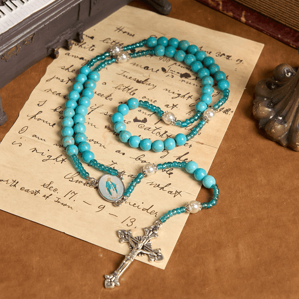 Our Lady Medal & Crucifix of 8mm Blue Turquoise Round Beads Rosary
