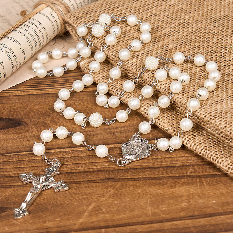 Our Lady Medal & Crucifix of 8mm White Acrylic Round Beads Rosary