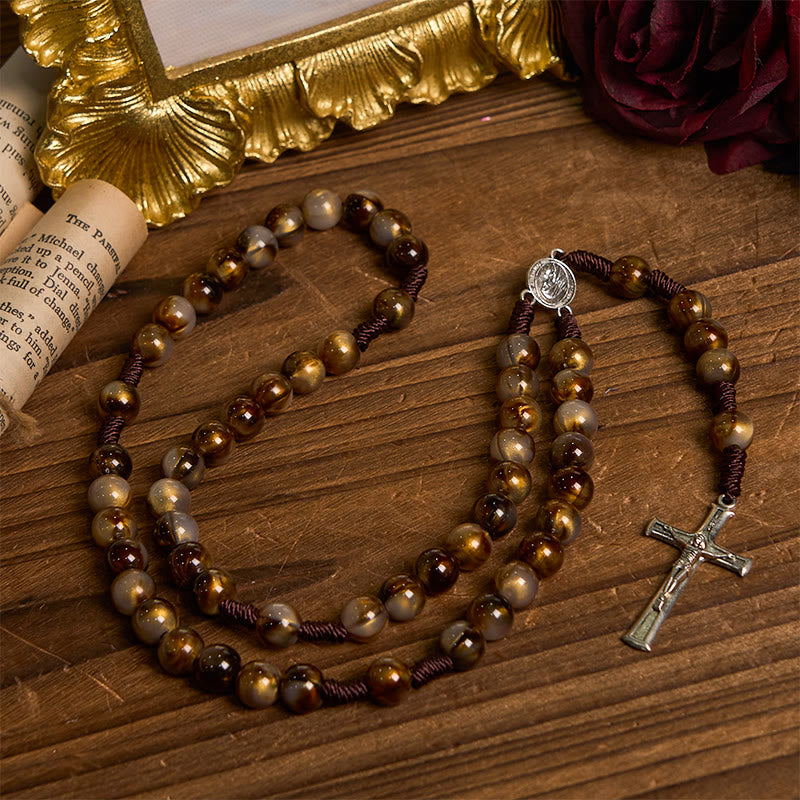 Our Lady Medal & Crucifix of 10mm Brown Acrylic Round Beads Divine Rosary
