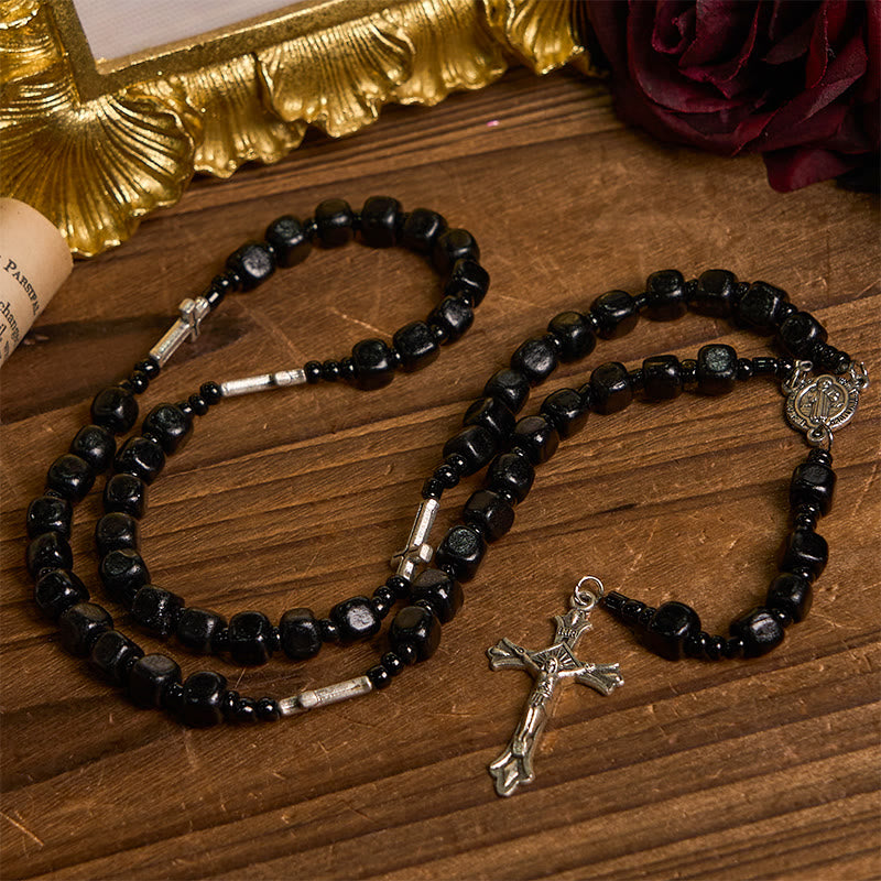 St. Benedict Medal & Crucifix of 8mm Black Wood Round Beads Rosary