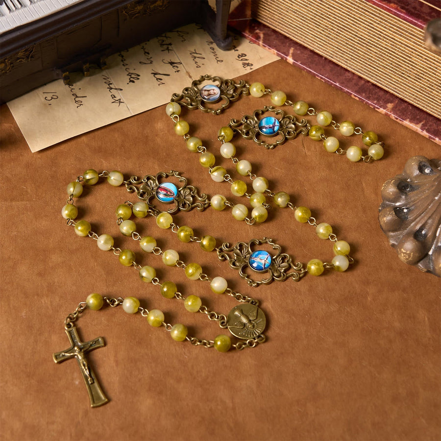 Holy Spirit & Crucifix of Special Vintage Metal Decade 8mm Yellow Green Beads Rosary