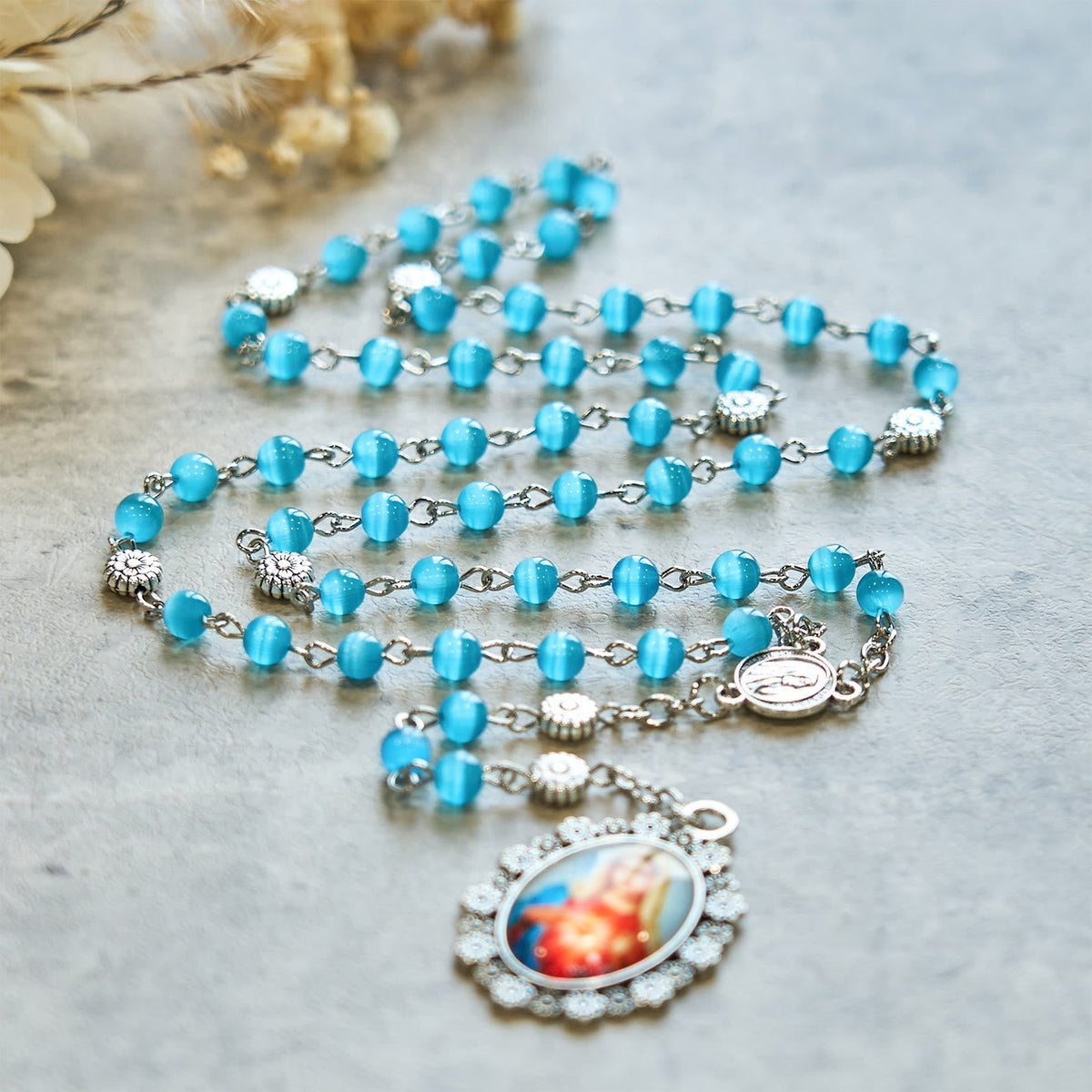 Immaculate Heart of Mary 6mm Glass Shiny Beads Lake Blue 7 Sorrows Rosary