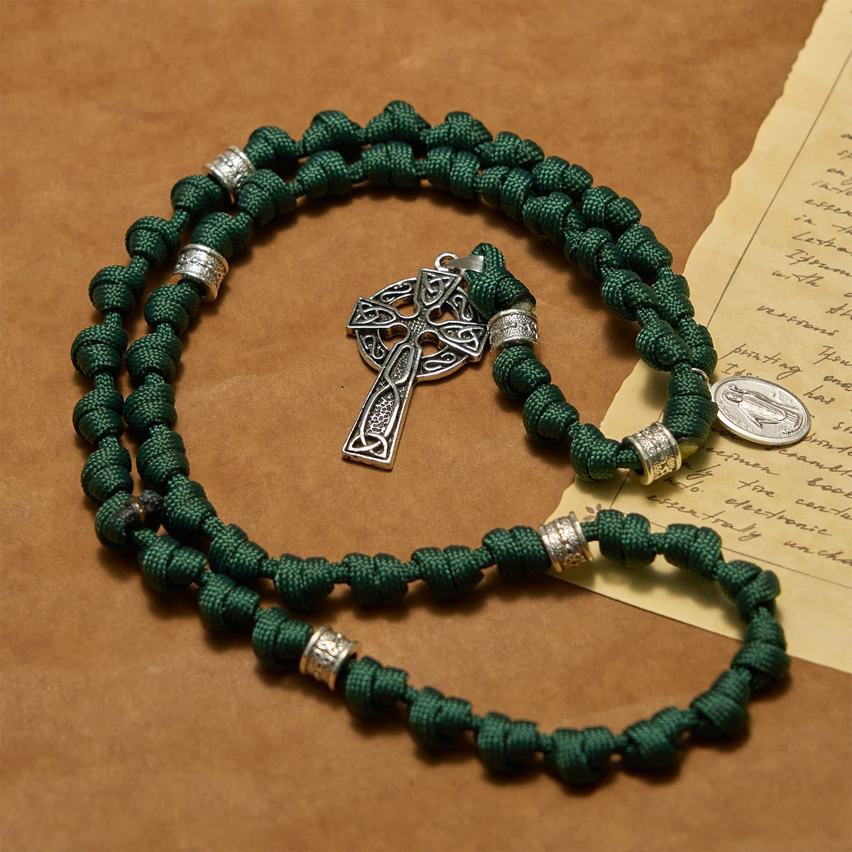 St. Patrick Medal Dark Green Celtic Style Cross Handmade Inspired Paracord Knotted Rosary