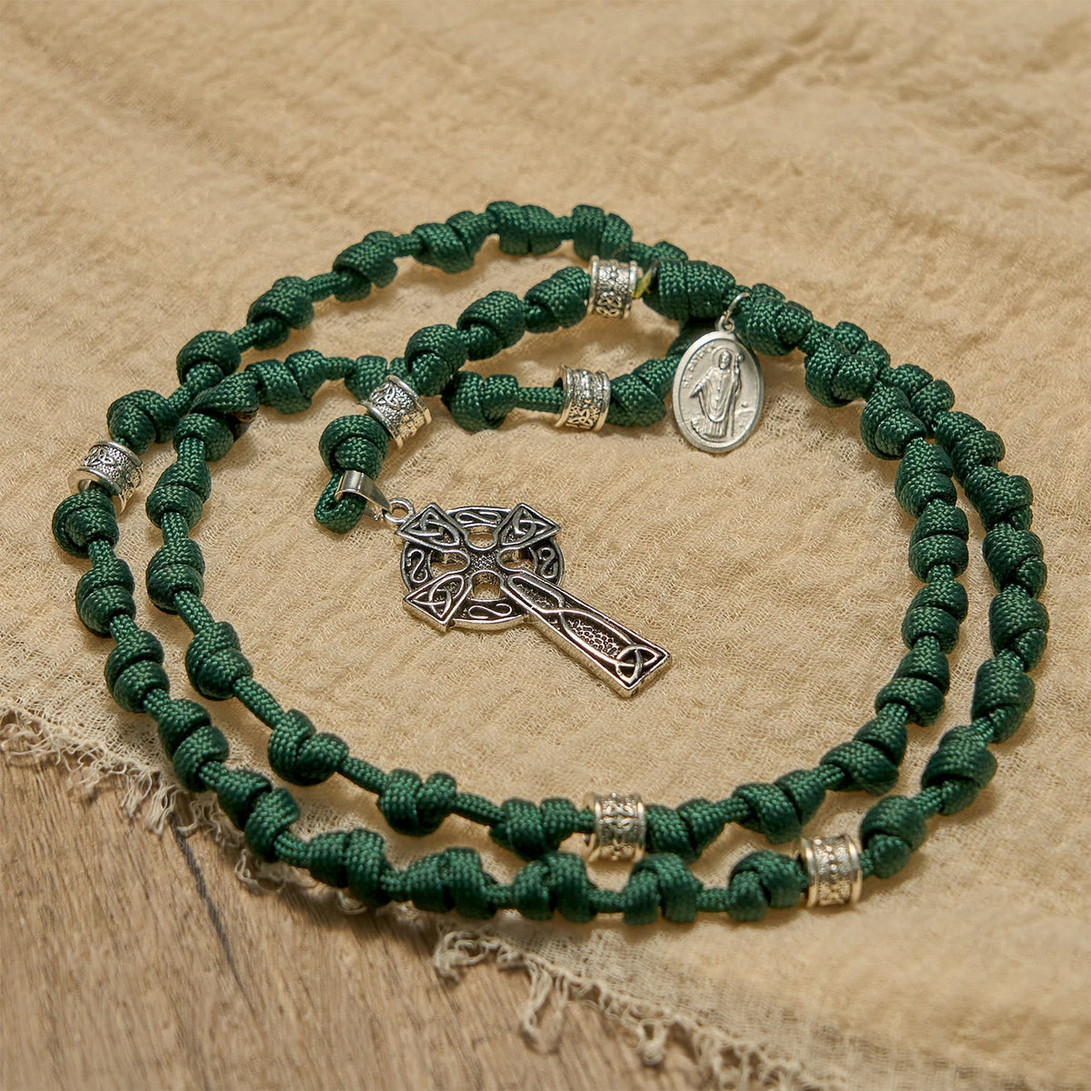 St. Patrick Medal Dark Green Celtic Style Cross Handmade Inspired Paracord Knotted Rosary