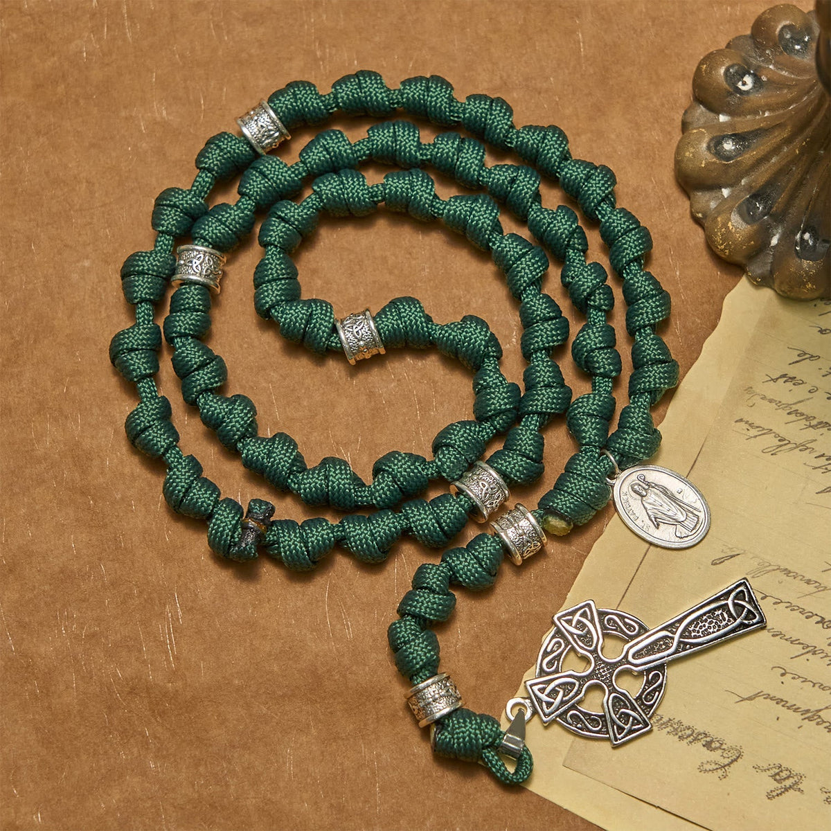 PRAYERFUL FAITH: St. Patrick Medal Dark Green Handmade Paracord Knotted Rosary