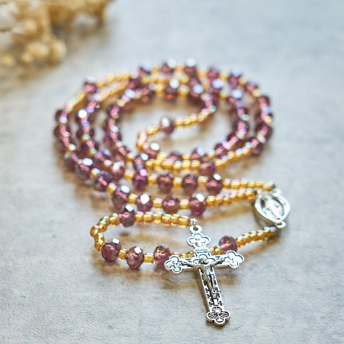 Handmade Crucifix Purple Crystal & Glass Our Lady Beads Divine Grace Rosary