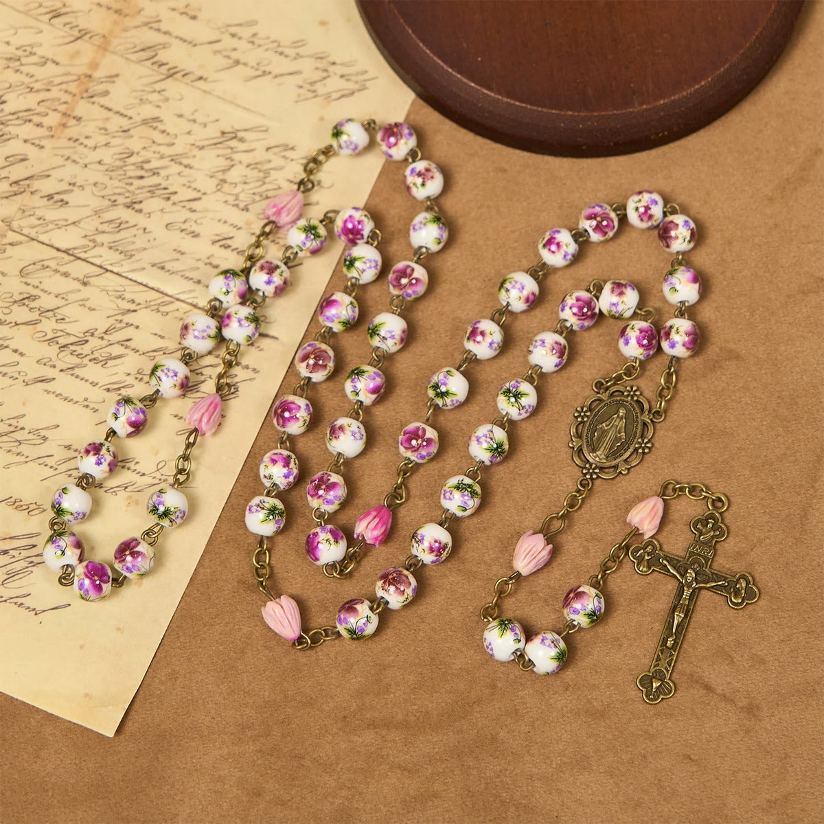 Miraculous Medal & Crucifix of 8mm Ceramic Beads & Flower Resin Beads Handmade Rosary