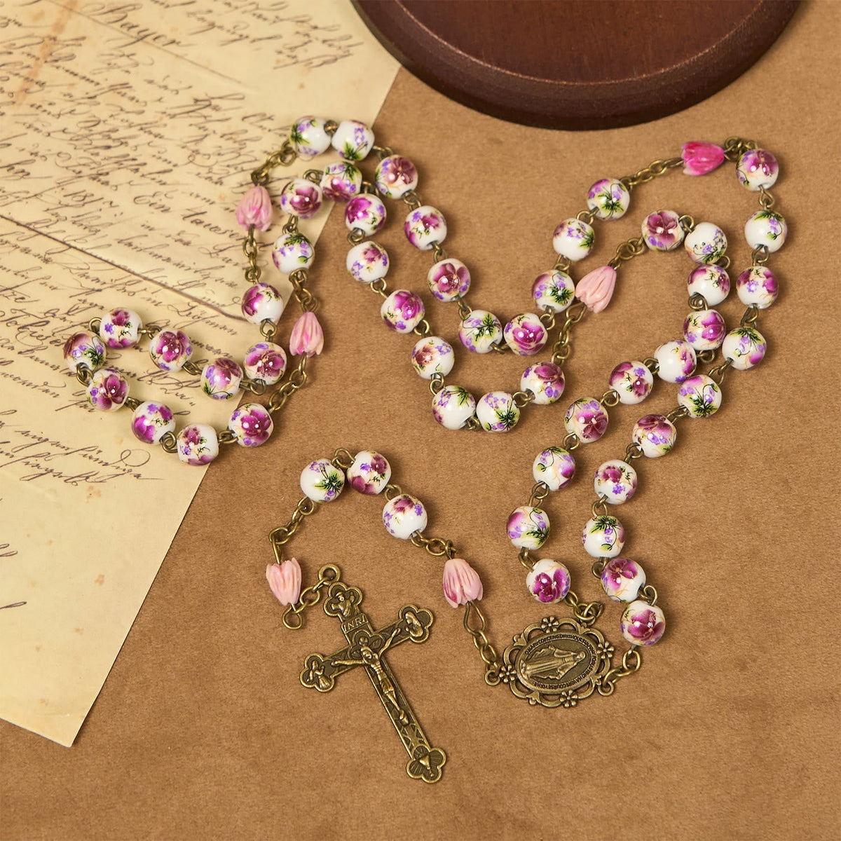 Miraculous Medal & Crucifix of 8mm Ceramic Beads & Flower Resin Beads Handmade Rosary