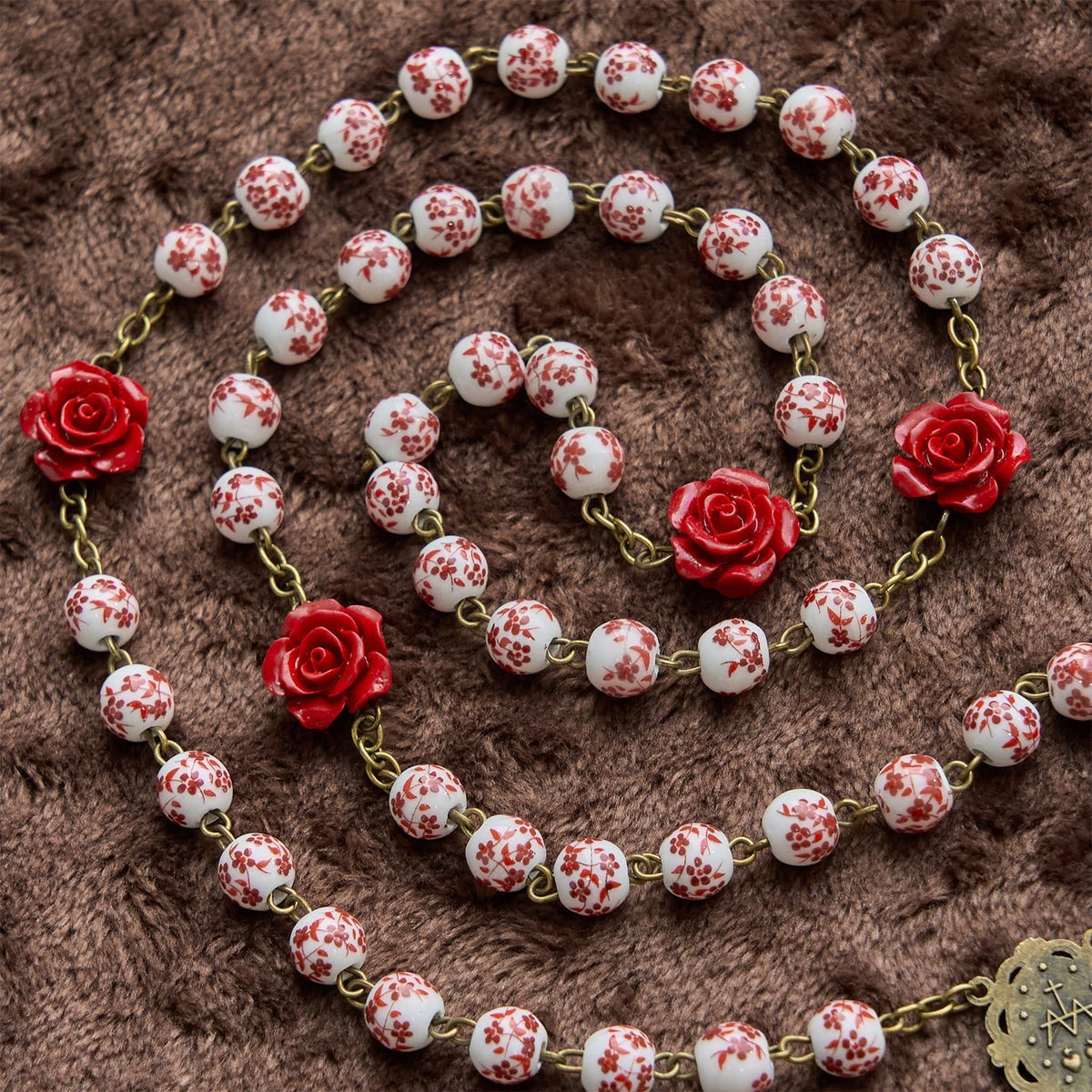 Miraculous Medal & Crucifix of 8mm Ceramic Beads & Rose Cinnabar Beads Handmade Rosary