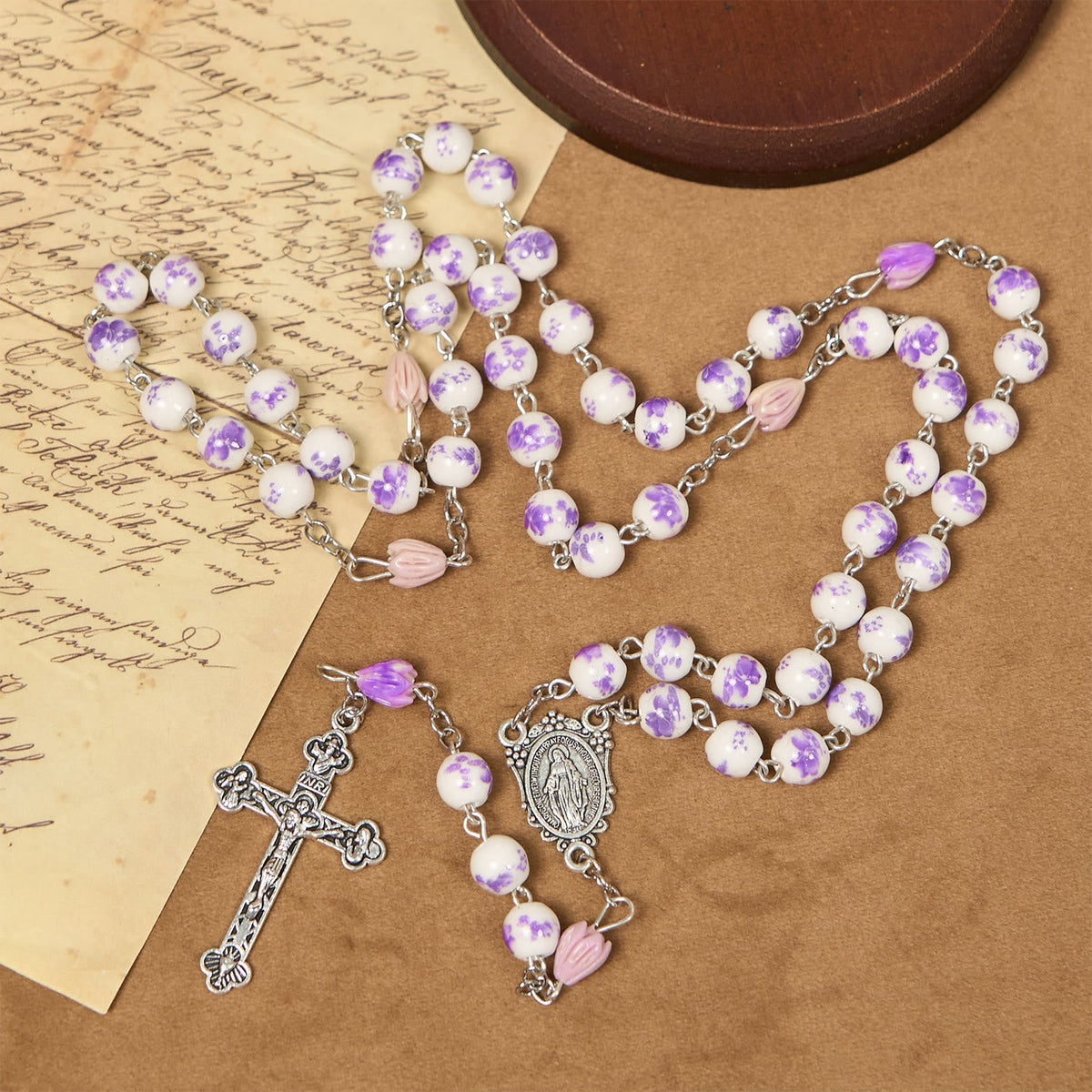 Miraculous Medal & Crucifix of 8mm Ceramics Beads Handmade Rosary