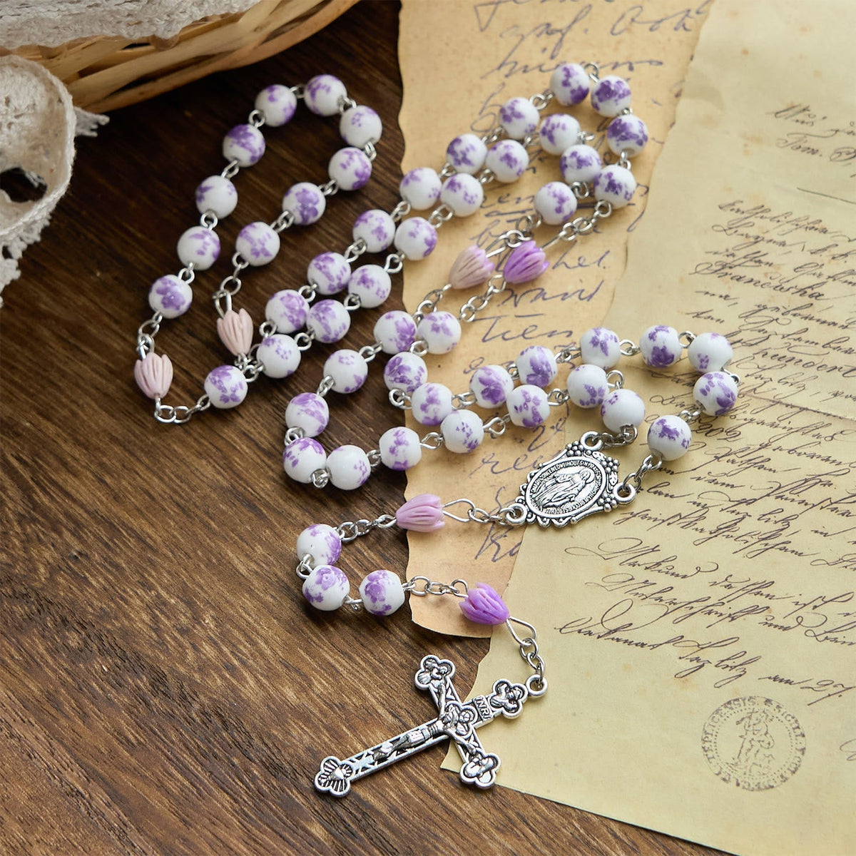 Miraculous Medal & Crucifix of 8mm Ceramics Beads Handmade Rosary