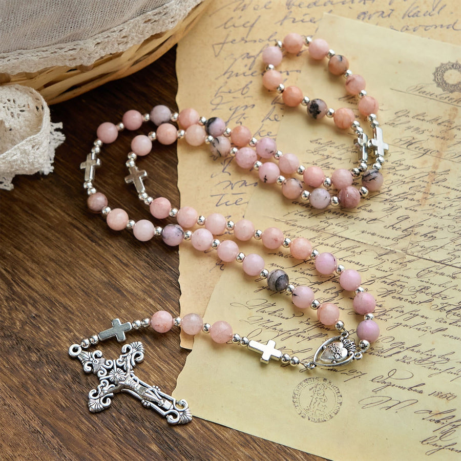Handmade Rosary with Pink Round Beads & Crucifix – A Floral Tribute to the Sacred Heart