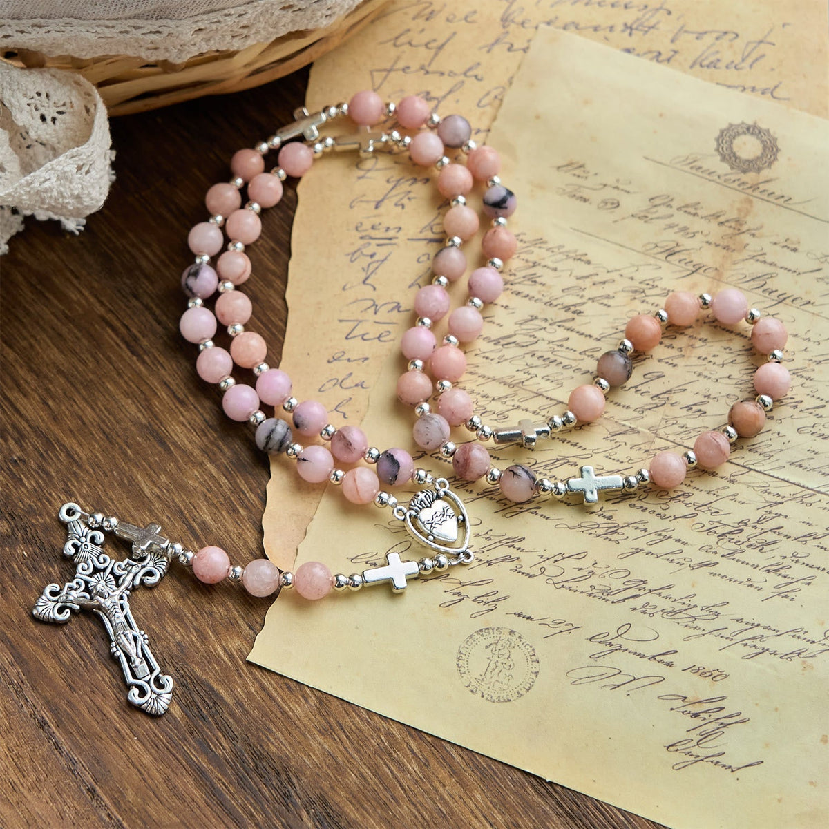 Handmade Rosary with Pink Round Beads & Crucifix – A Floral Tribute to the Sacred Heart