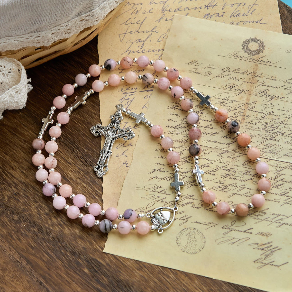 Handmade Rosary with Pink Round Beads & Crucifix – A Floral Tribute to the Sacred Heart