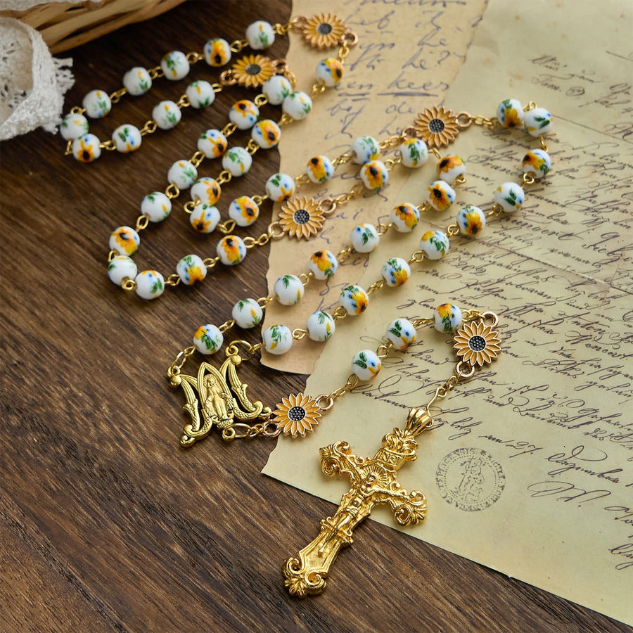 Handmade Sunflower-Inspired Rosary: A Divine Creation with Yellow Floral Beads
