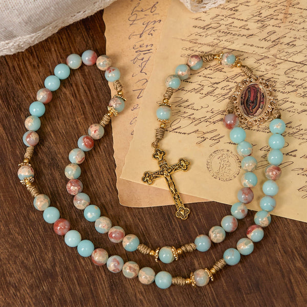 Aqua Stone Prayer Rosary with Gold Accents: A Divine Source of Peace and Devotion