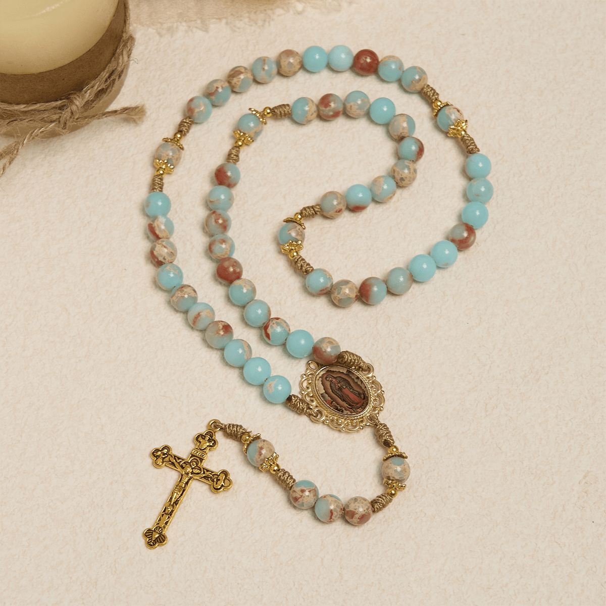 Aqua Stone Prayer Rosary with Gold Accents: A Divine Source of Peace and Devotion