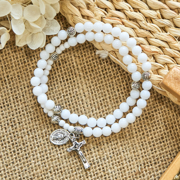 6mm White Bead Miraculous Medal & Crucifix Rosary Bracelet: A Symbol of Faith