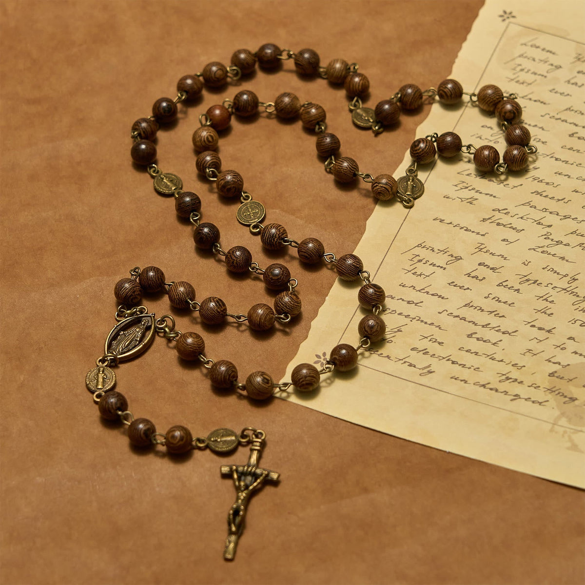 Miraculous Medal & Crucifix St. Benedict Medal 8mm Wooden Beads Rosary
