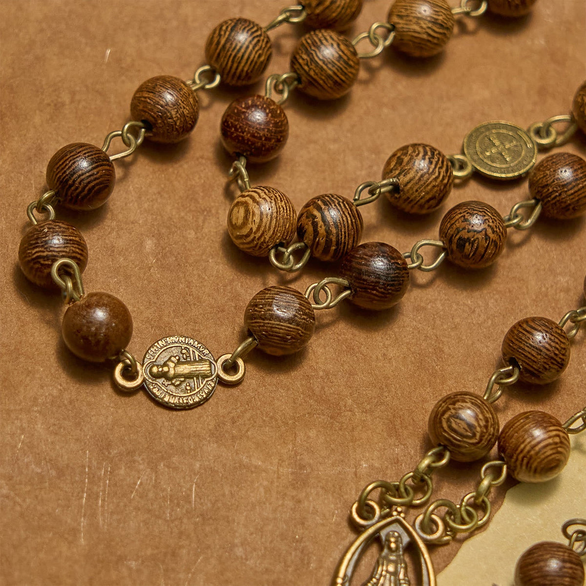 Miraculous Medal & Crucifix St. Benedict Medal 8mm Wooden Beads Rosary