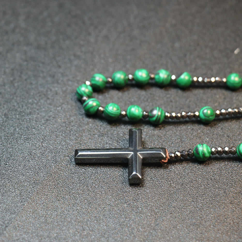 8mm Malachite Beads Iron Gallstone Cross Rosary