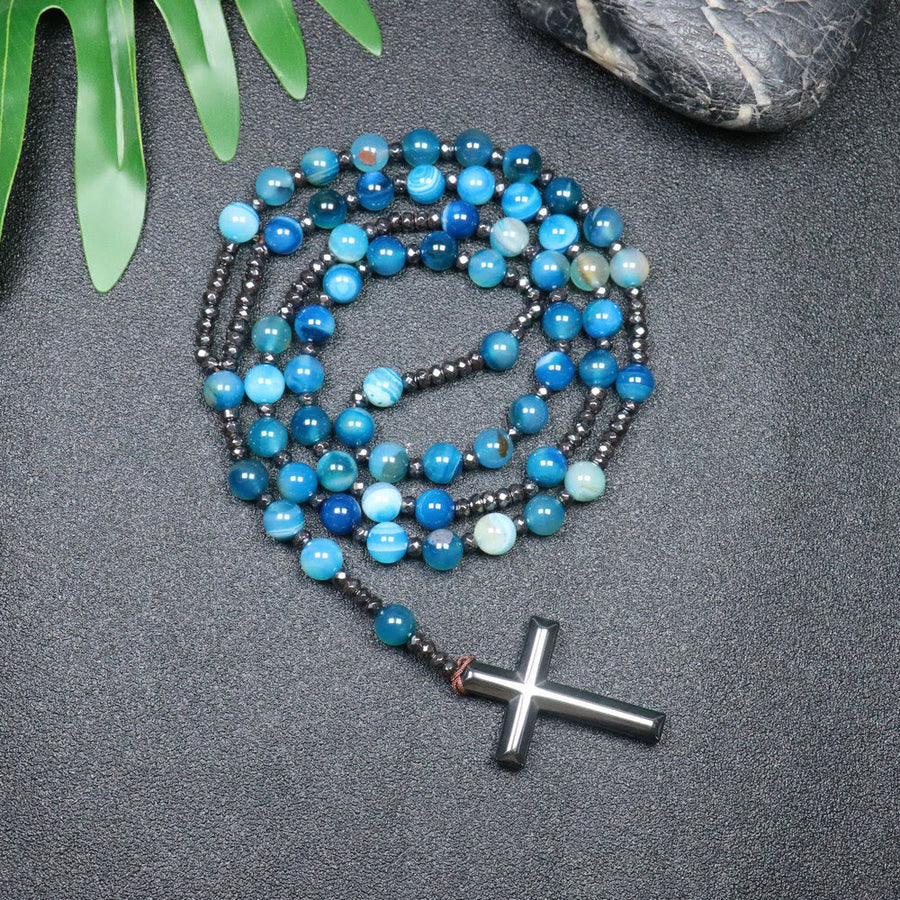 8mm Striped Blue Agate Natural Stone Beads Iron Gallstone Cross Rosary