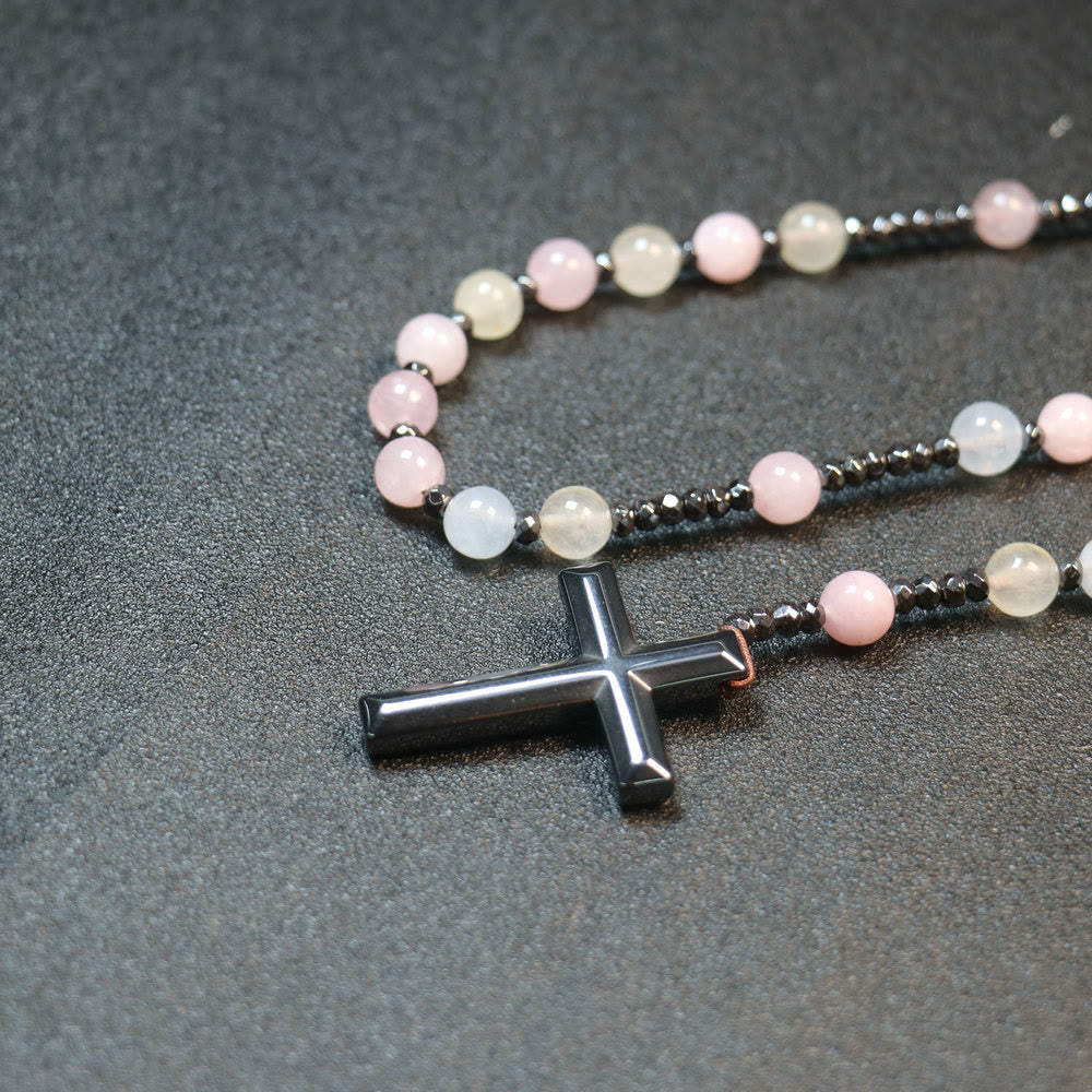 8mm Morganite Beads Iron Gallstone Cross Rosary