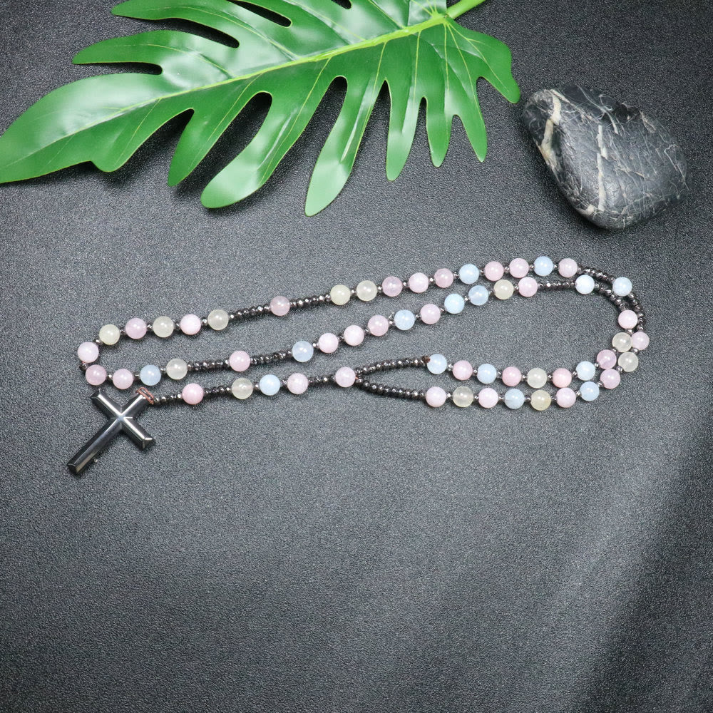8mm Morganite Beads Iron Gallstone Cross Rosary