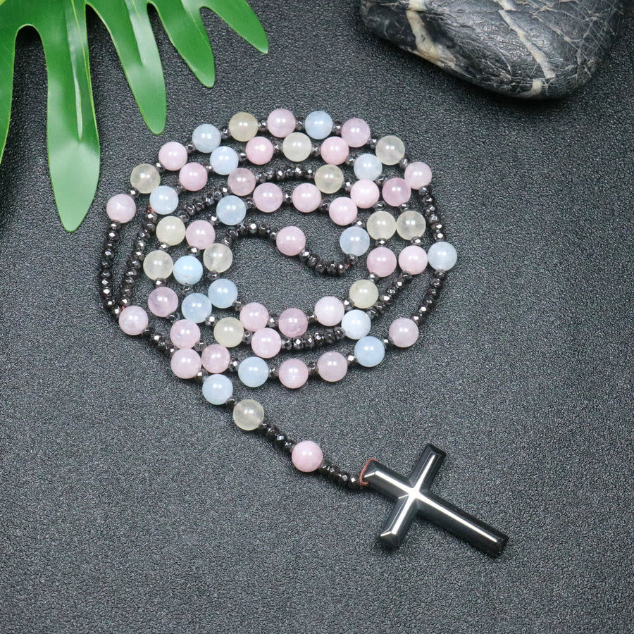 8mm Morganite Beads Iron Gallstone Cross Rosary