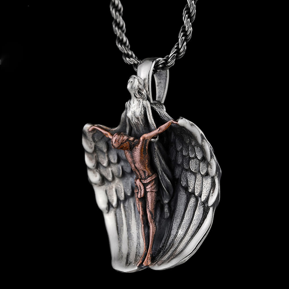 925 Sterling Silver Crucifix with Angel Wings Vintage Necklace: Distinctive Emblem of Divine Grace
