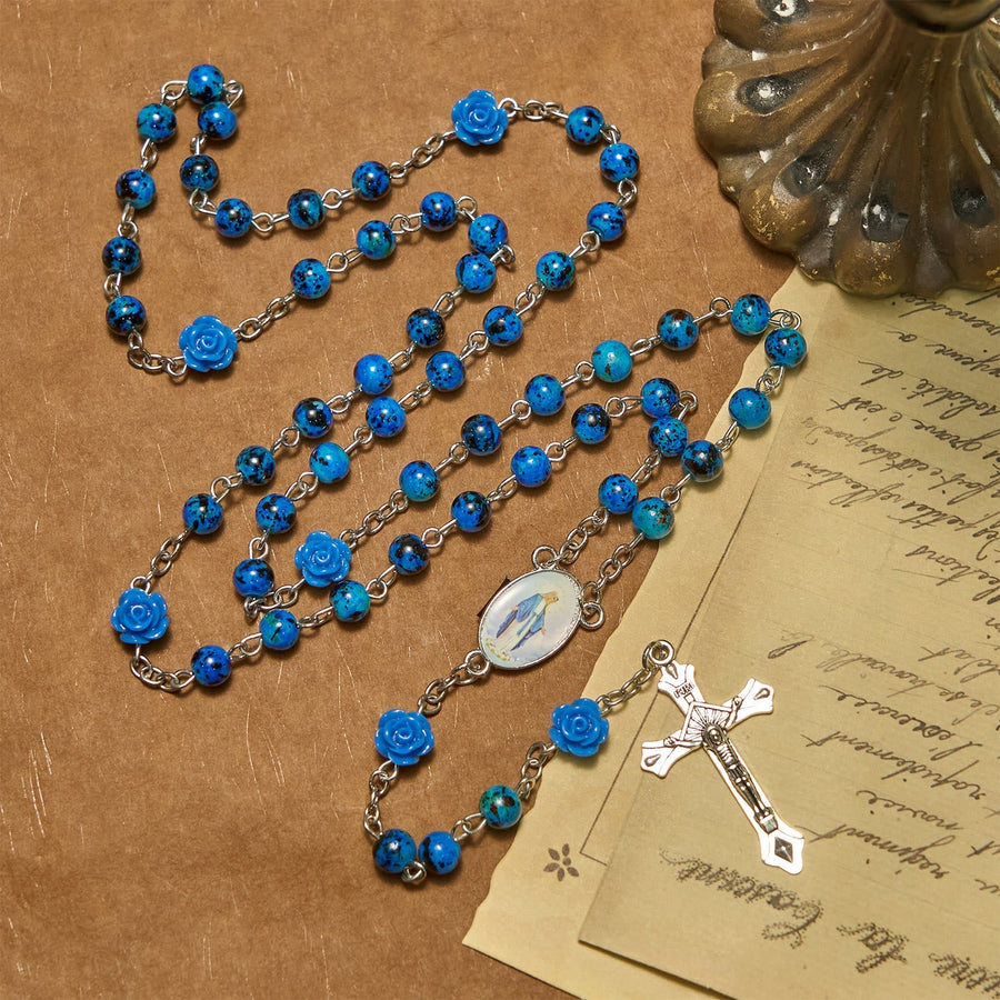 Royal Blue Stone Beads Rose of Miraculous Medal & Crucifix Prayer Rosary