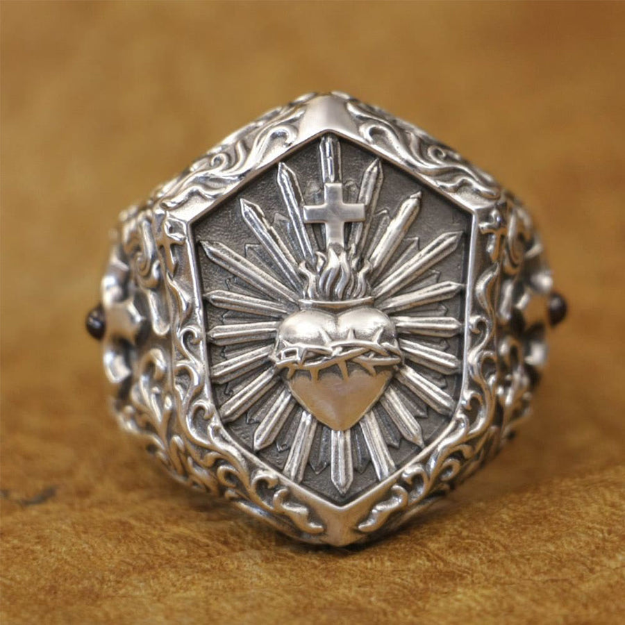 Vintage 925 Sterling Silver Thorned Heart Cross Ring: A Treasured Token of Spiritual Love