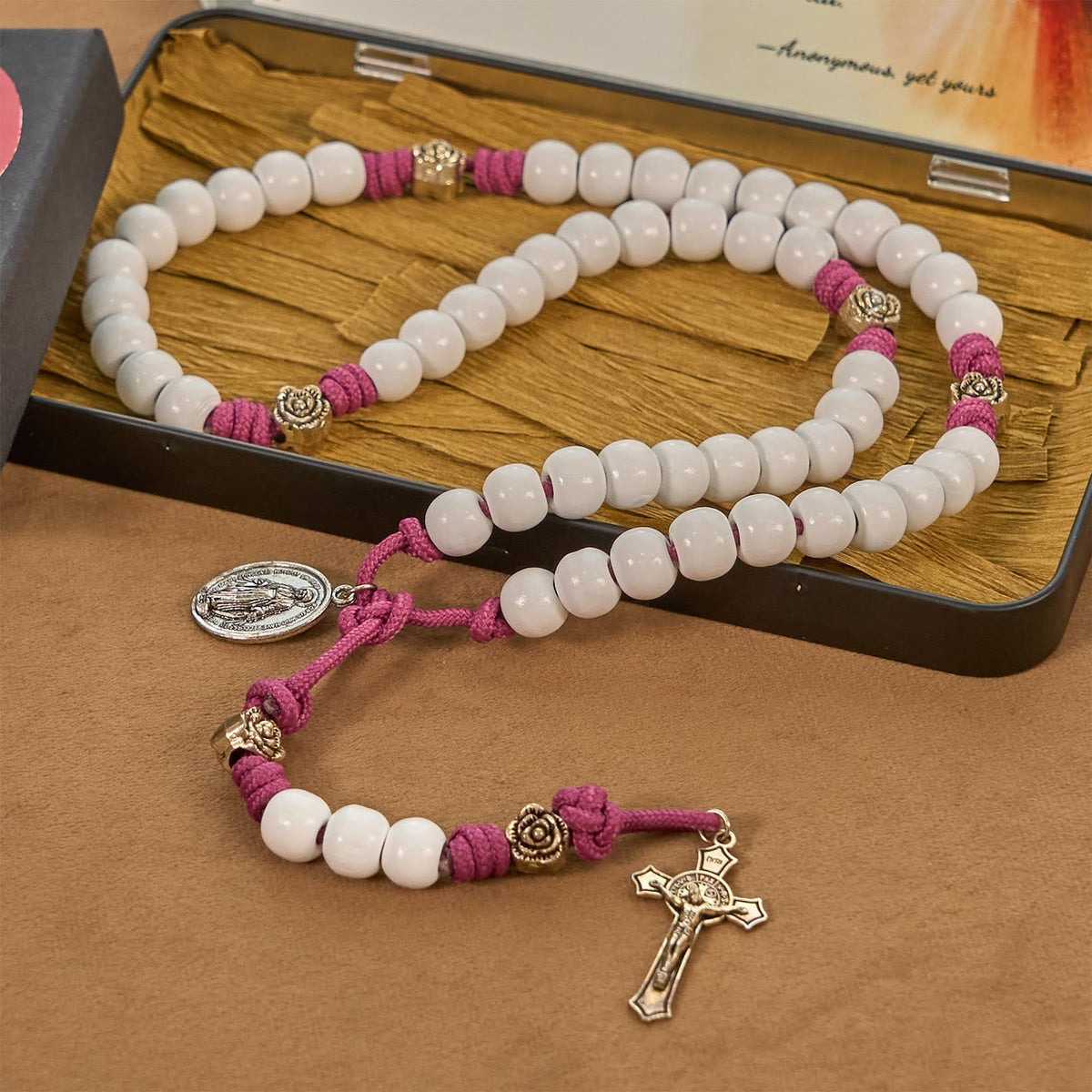 Grace - Infused Rosary: Handmade White Bead Rosary with Mary's Medal and Floral Accents