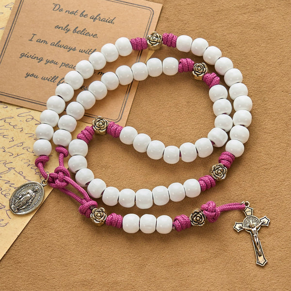 Grace - Infused Rosary: Handmade White Bead Rosary with Mary's Medal and Floral Accents