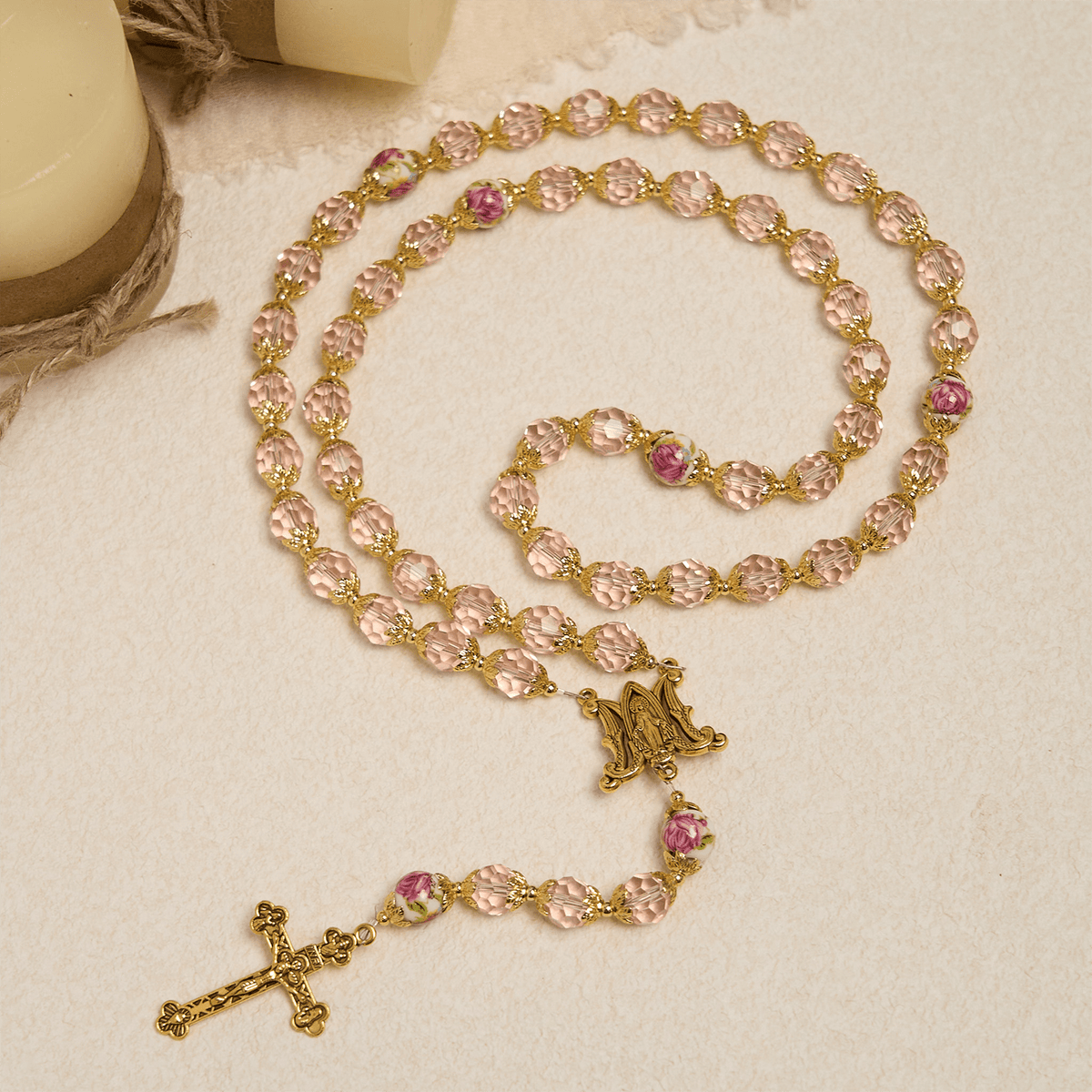 Pink Crystal Beads with Golden Alloy Chain Crucifix & Virgin Mary Prayer Rosary