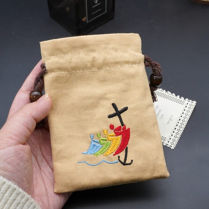 Jubilee Pilgrim Cotton Jewelry Pouches Storage Bag with Colorful Sailboat & Cross Embroidery: Divine Protection