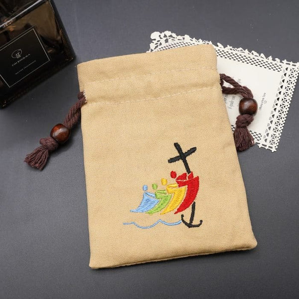 Jubilee Pilgrim Cotton Jewelry Pouches Storage Bag with Colorful Sailboat & Cross Embroidery: Divine Protection