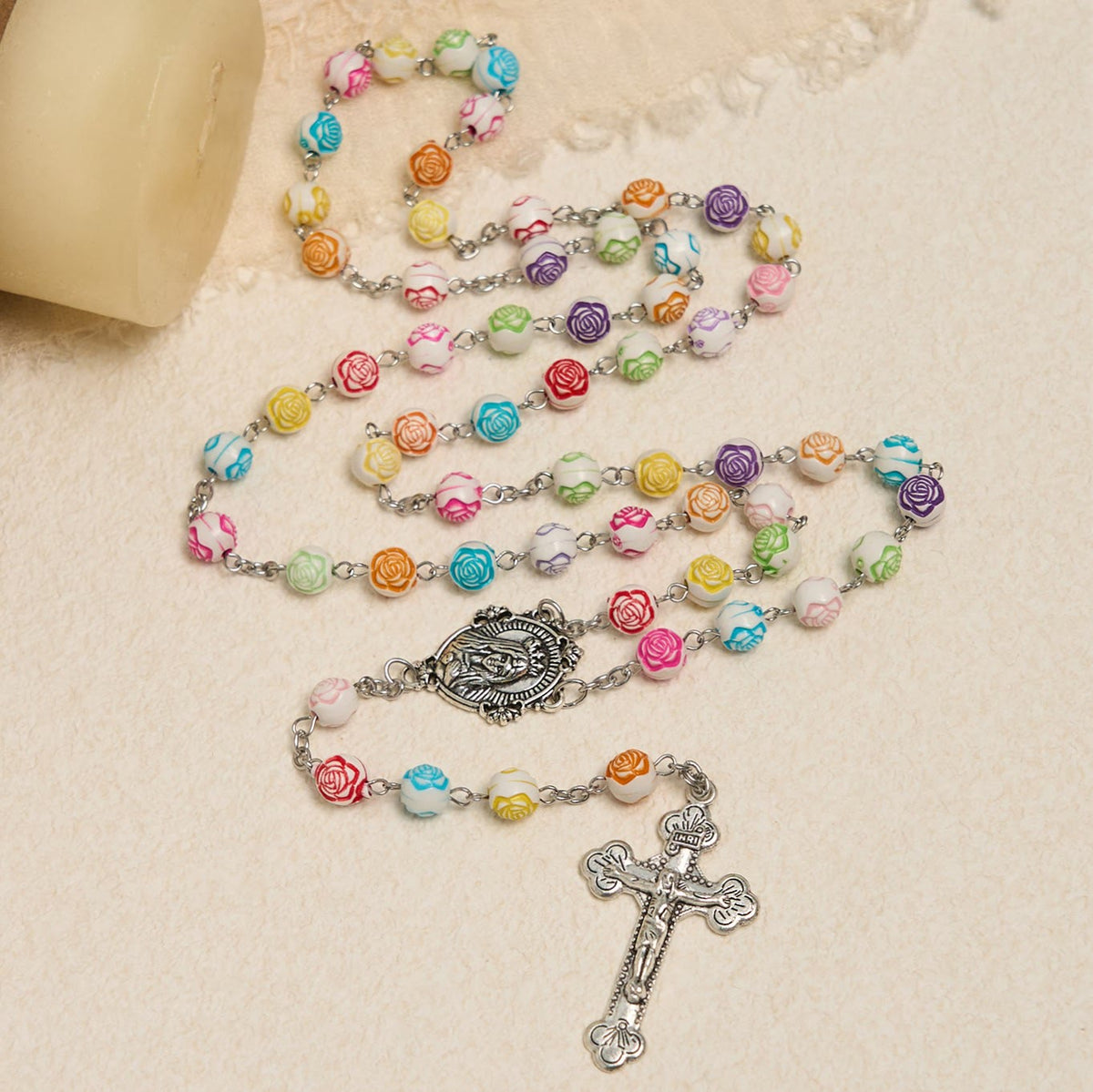 Multicolor Rose Beads with Virgin Mary Medal & Crucifix Rosary: Sacred Palette of Love