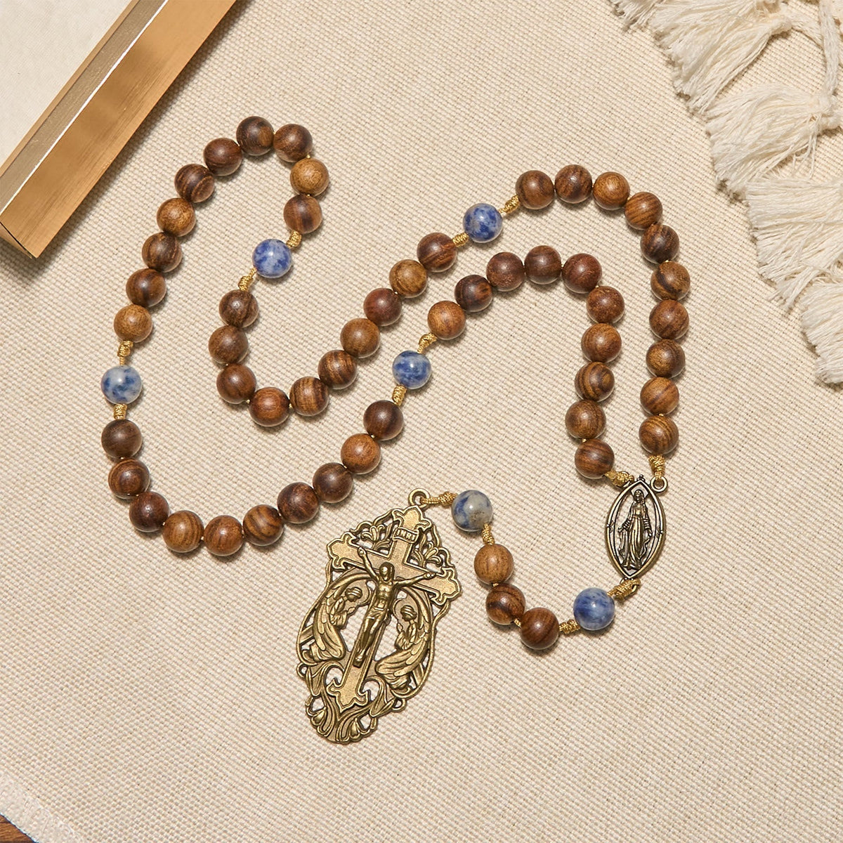 Virgin Mary & Crucifix of Wooden and Ceramics Beads Blessed Devotion Rosary